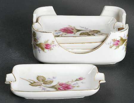 Pompadour Rose (Gold Trim) Ashtray Set with Holder (4 Ashtrays & Holder)