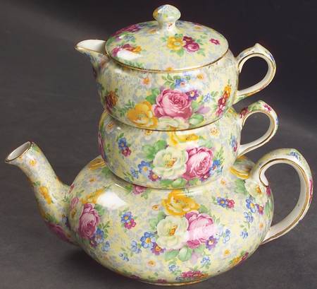 Rose Time Mini Tea Pot, Creamer, Sugar Stacking Set