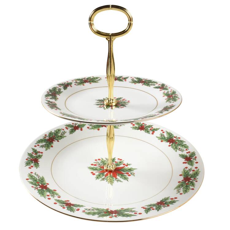 Holly Wreath 6 5/8"-10"  2 Tiered Serving Tray (Dp, Sp) HC by Lynn's China
