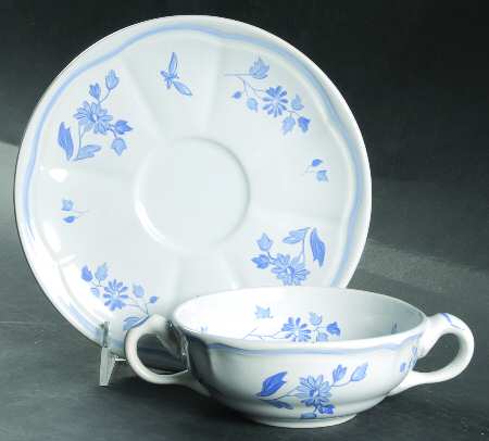 Blue Moustiers Flat Cream Soup Bowl & Saucer Set