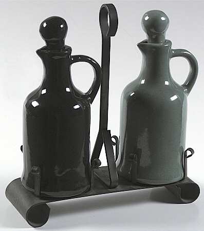 Country Fare (Unglazed Bottom) Cruet & Stoppers - Set of 2 Motifs and Metal Holder