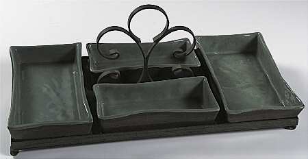Country Fare (Unglazed Bottom) 4-Part Relish & Center Handled Metal Tray