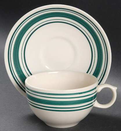 Farmstead Ticking Green Flat Cup & Saucer Set