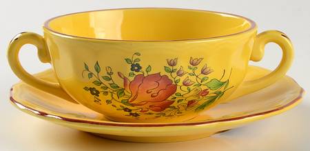 Old Strasbourg (Yellow Background, Roses) Flat Cream Soup Bowl & Saucer Set