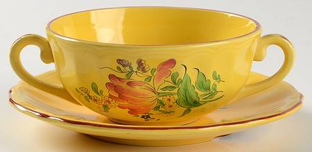 Old Strasbourg (Yellow Background, Roses) Flat Cream Soup Bowl & Saucer Set