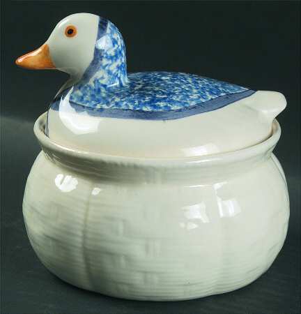 Blue Stipple with Duck Figural Sugar Bowl & Lid
