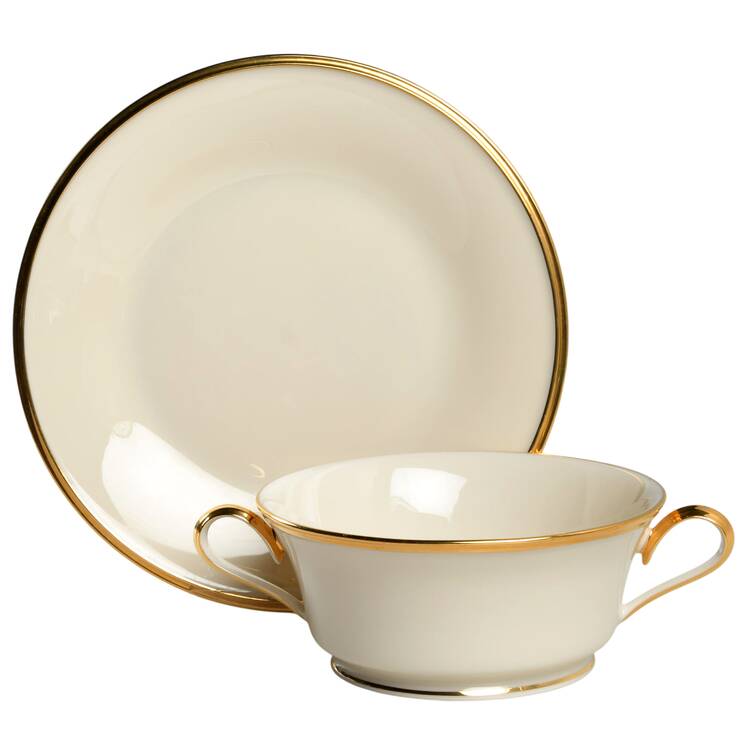Dimension Gold Footed Cream Soup Bowl & Dessert Plate/Saucer Set