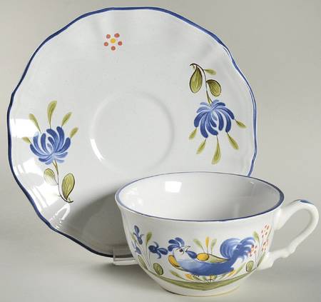 Chanteclerc Blue Flat Cup & Saucer Set by Luneville