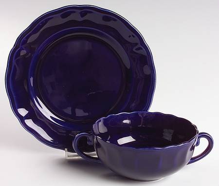 Louis XV Cobalt Flat Cream Soup Bowl & Saucer Set