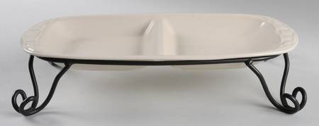 Woven Traditions Ivory 15" Oval Divided Vegetable Bowl & Metal Stand