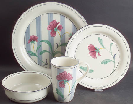 Poppies On Blue Botanical 4 Pc Place Set=Dp,Sp,Soce,Mug
