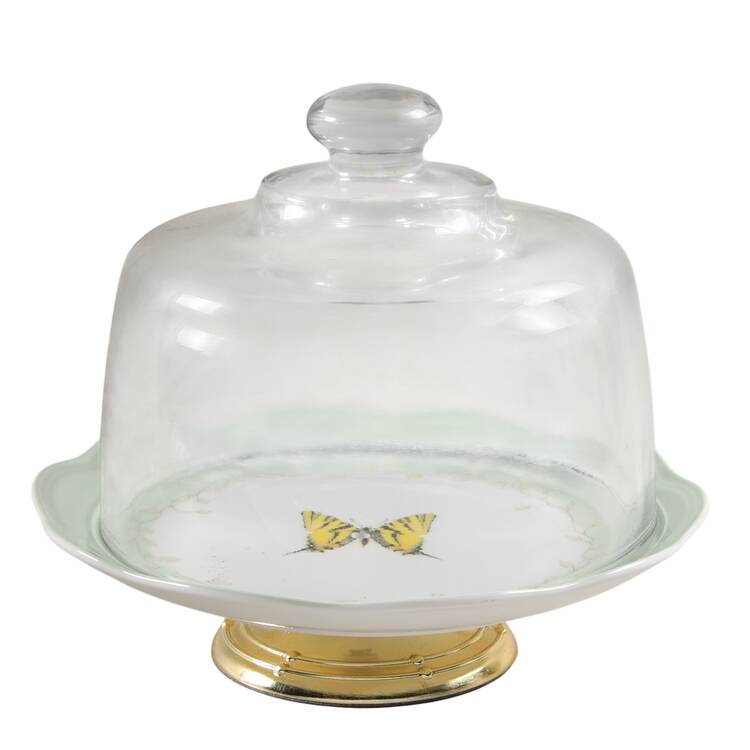 Butterfly Meadow 6 1/2"-7 1/2" Footed Cheese Plate w/ Glass Dome HC