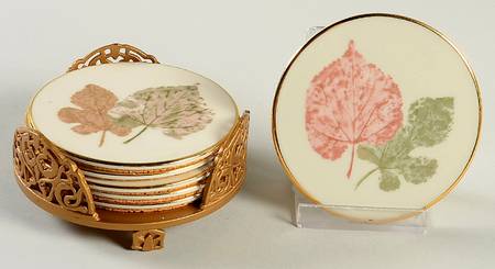 Burnished Leaves Collection Round Corkback Coasters with Stand - Set of 6