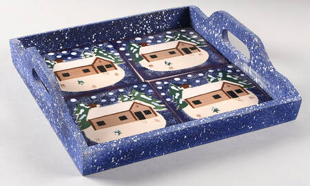 Holiday Mountain Lodge Square Wood Frame Tea Tray with Tile Insert