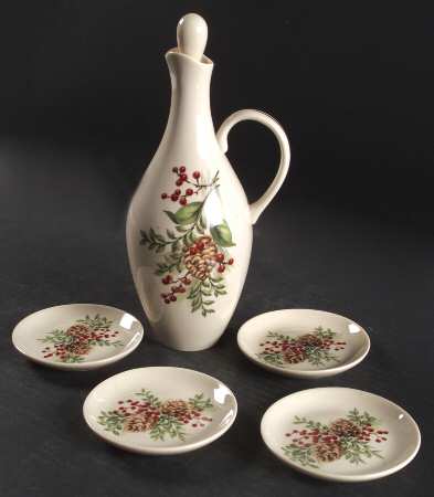 Williamsburg Boxwood & Pine Oil Jar/Cruet with 4 Dipping Bowls