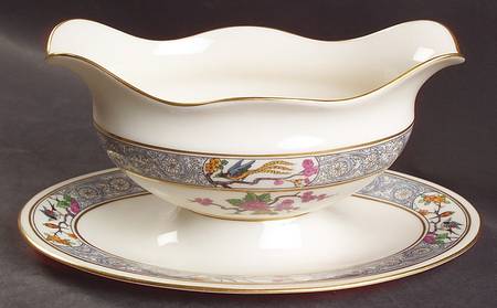 Ming-Birds (Newer, Cream, Gold Backstamp) Gravy Boat with Attached Underplate