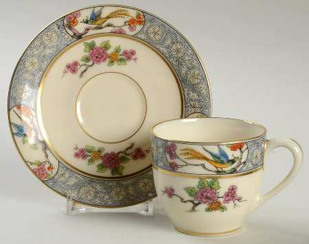 Ming-Birds (Newer, Cream, Gold Backstamp) Flat Demitasse Cup & Saucer Set