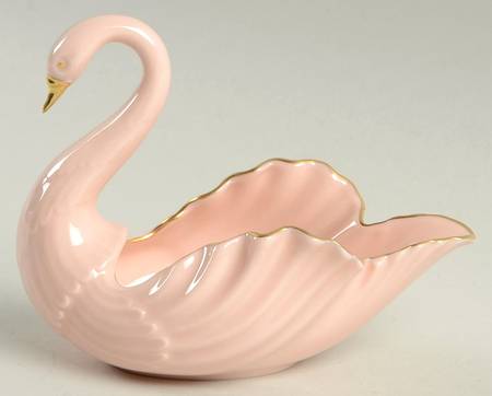 Swan Col Pink (Gold Trim, Open Tail, Green Stamp) 4" Swan Form Bowl
