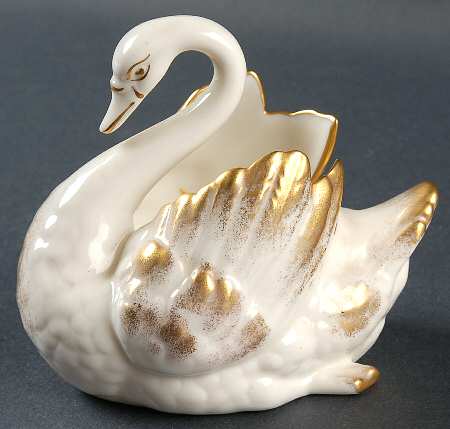 Swan Col Crm (GoTrim, Closed Tail, GreenStp) Swan Shaped Open Sugar Bowl
