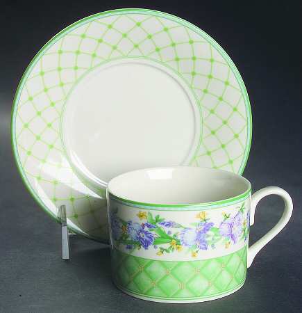 Flower Blossom Collection (Green Trim) Flat Cup & Saucer Set