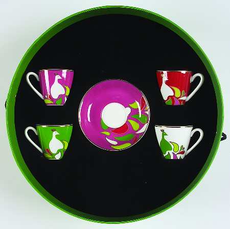 Festive Peacock Flat Demitasse Cup & Saucer Set - Set of 4