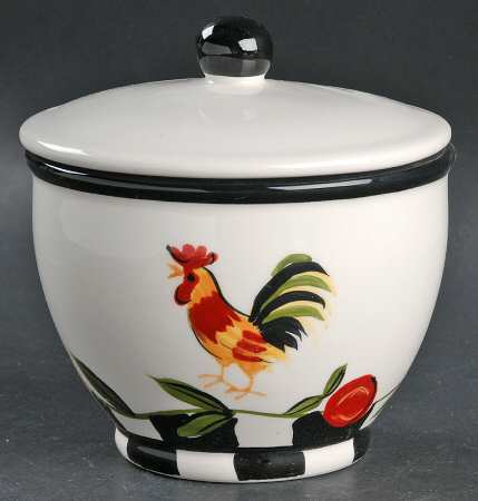 Rooster Checks Sugar Bowl & Lid