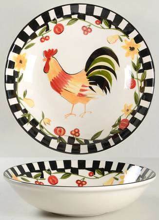 Rooster Checks 9" Round Vegetable Bowl