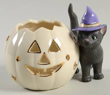 Halloween Cat with Pumpkin Votive Candleholder
