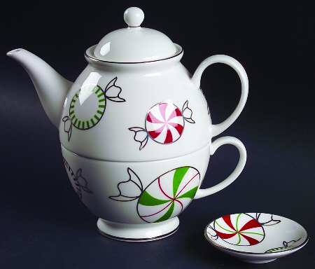 Merry and Bright Peppermint Individual Teapot & Lid w/Cup & Tea Bag Holder
