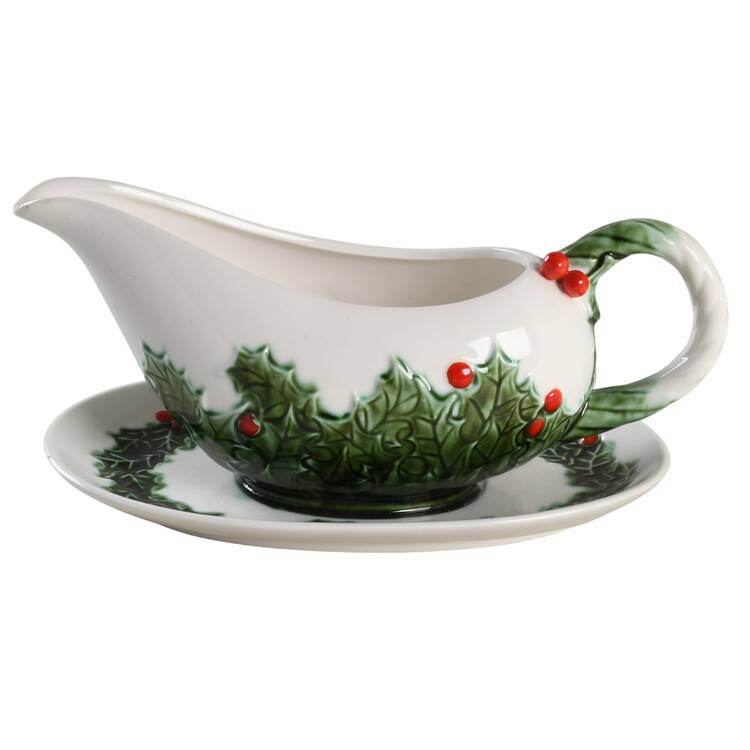 White Christmas Gravy Boat with Attached Underplate