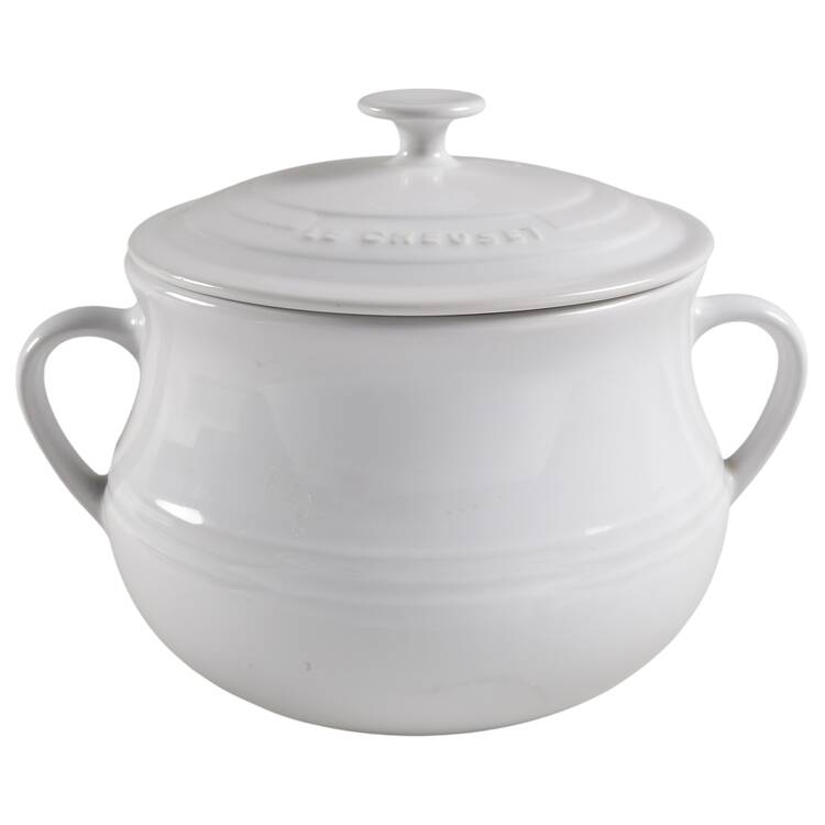 White 4 Qt Handled Bean Pot & Lid