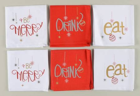 Eat Drink Be Merry Cloth Cocktail Napkin - Set of 6 (3 Motifs)
