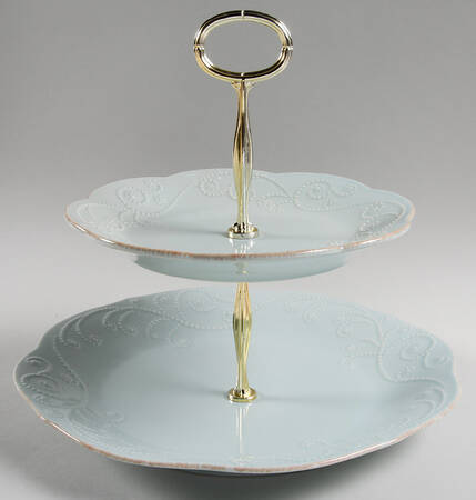 French Perle Ice Blue 6 5/8"-10"  2 Tiered Serving Tray (Dp, Sp) HC