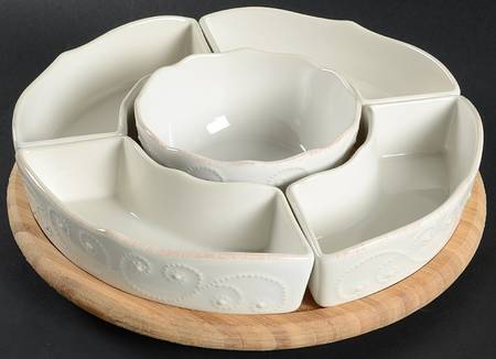 French Perle White Lazy Susan-6 Pc(4 Sides, Center & Wood Base)