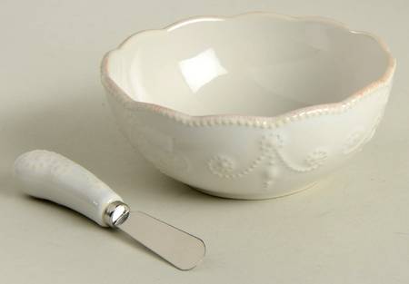 French Perle White Dip Bowl & Spreader Set