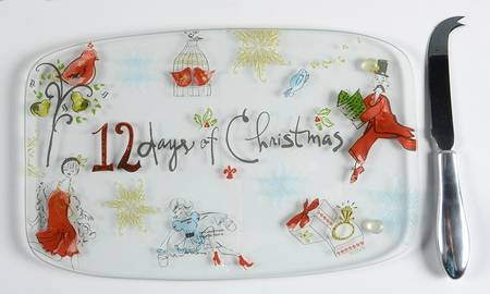 12 Days of Christmas Glassware Cheese Board & Stainless Knife
