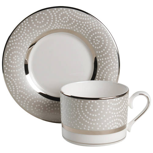 Pearl Beads Flat Cup & Saucer Set - Set of 4