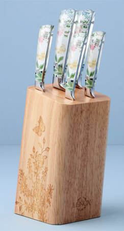 Butterfly Meadow Herbs Knife Set of 5 w/Wood Knife Block (CHK, BRK, SANK, UTK, PARK & KNBW)