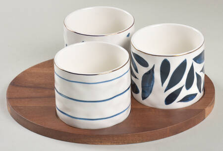 Blue Bay (4 Pc) Snack Set (3 Motif Dishes & Wood Tray)