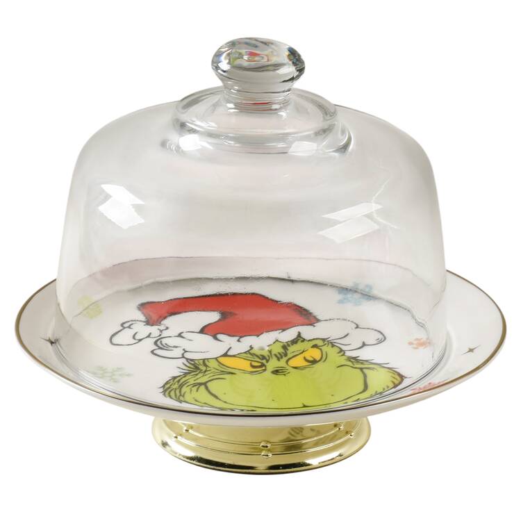 Merry Grinchmas 6 1/2"-7 1/2" Footed Cheese Plate w/ Glass Dome HC