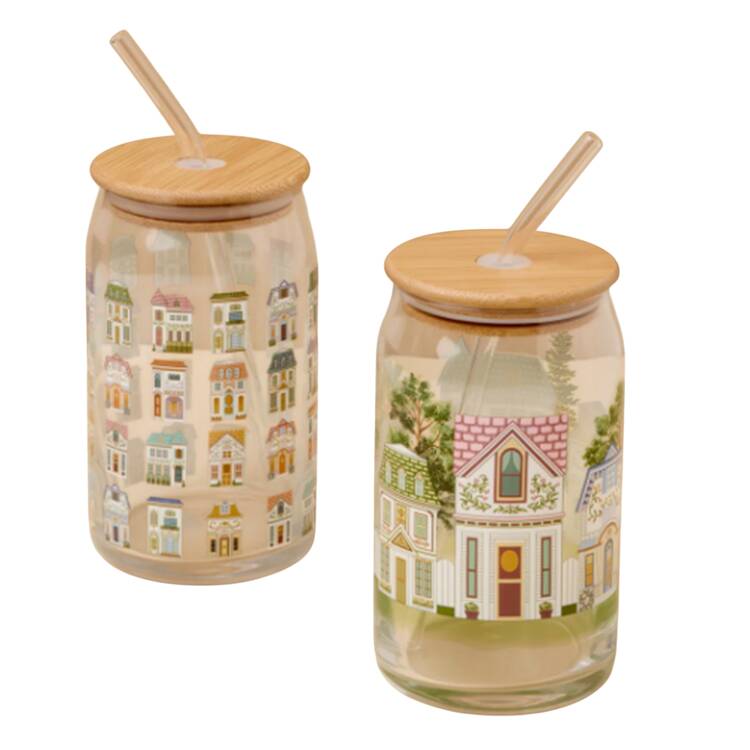 Lenox Village (2nd Edition) Glassware Cooler with Wood Lid & Straw - Set of 2