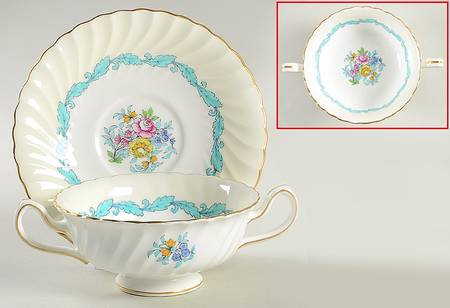 Ardmore Ivory and Turquoise Footed Cream Soup Bowl & Saucer Set