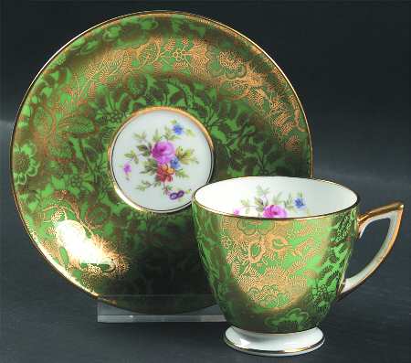 Brocade Green Footed Demitasse Cup & Saucer Set