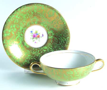 Brocade Green Footed Cream Soup Bowl & Saucer Set