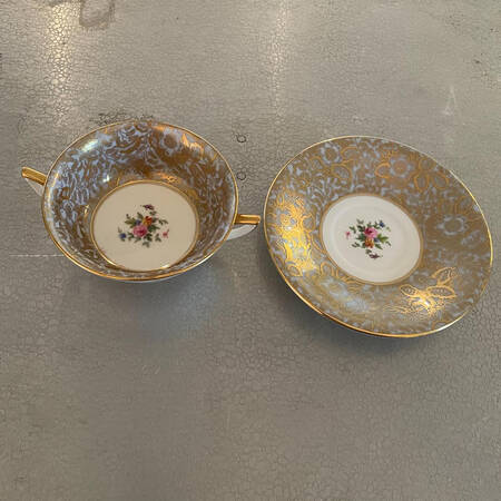 Brocade Gray Footed Cream Soup Bowl & Saucer Set