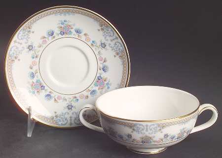 Byron (Blue Flowers) Footed Cream Soup Bowl & Saucer Set