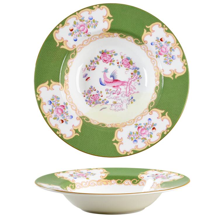 Cockatrice Green (Smooth, Yellow Trim) Large Rim Soup Bowl