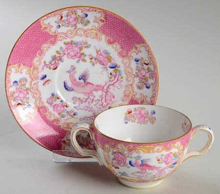 Cockatrice Pink (Smooth, Wreath Backstamp) Flat Bouillon Cup & Saucer