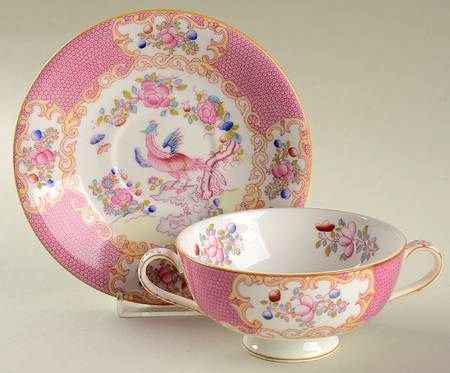 Cockatrice Pink (Smooth, Wreath Backstamp) Footed Cream Soup Bowl & Saucer Set