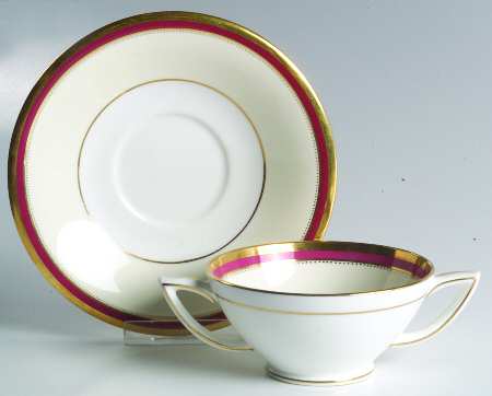 Crimson Ivory Footed Cream Soup Bowl & Saucer Set